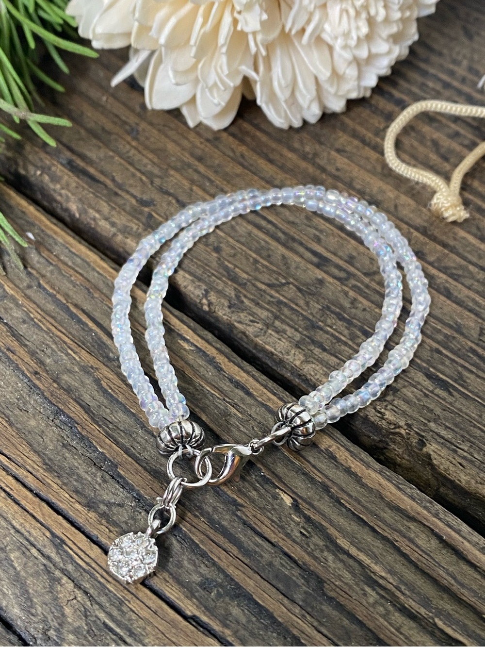 Sparkling Clear Two-Strand Beaded Bracelet with Rhinestone Charm